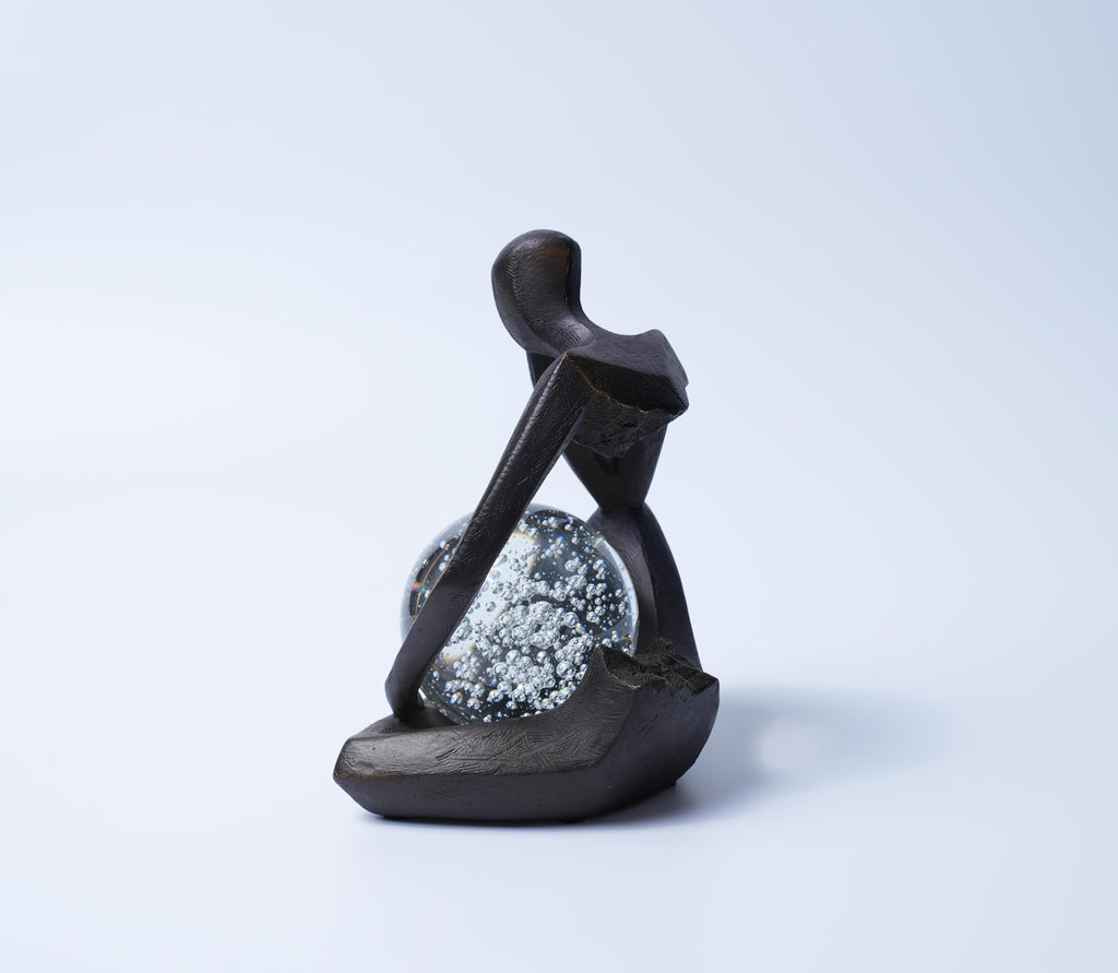 Bronze Thinker Sculpture with Glass Crystal Sphere Decor