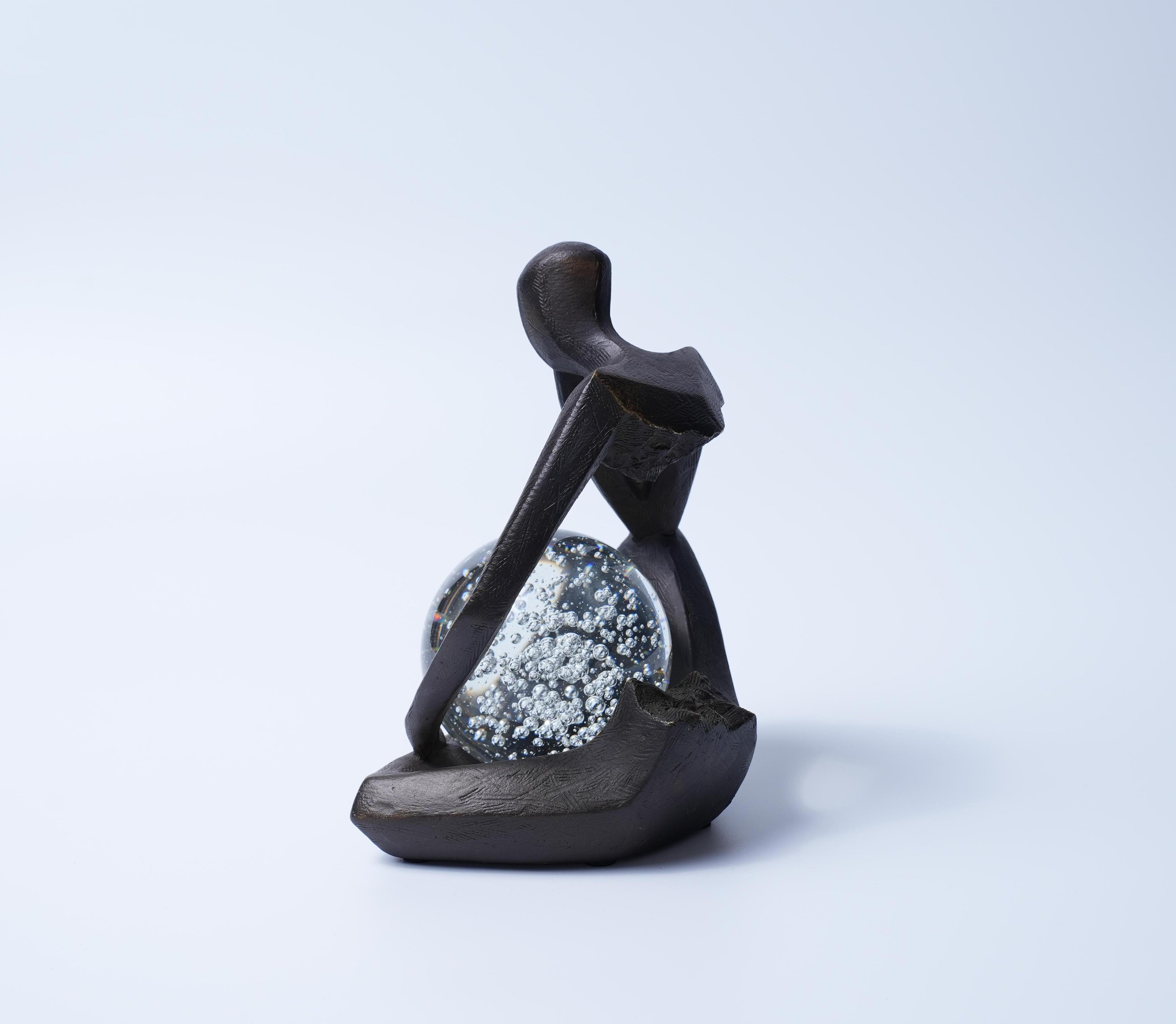 Bronze Thinker Sculpture with Glass Crystal Sphere Decor