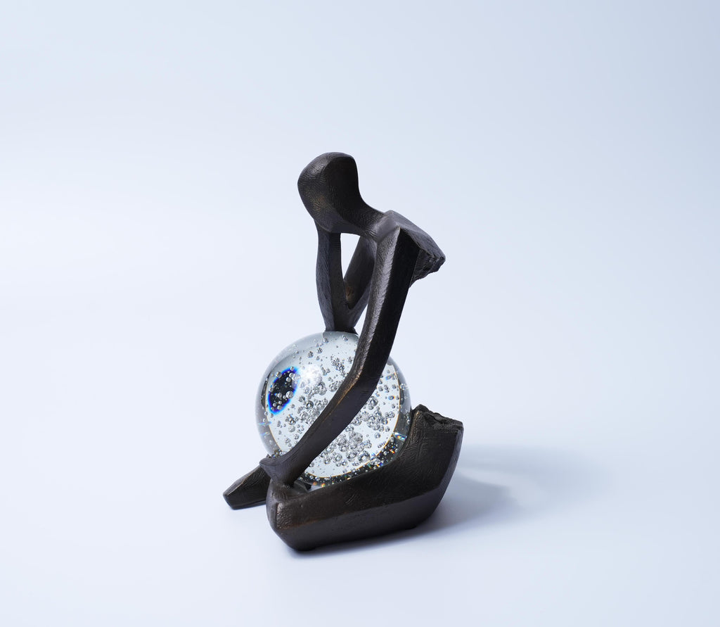 Bronze Thinker Sculpture with Glass Crystal Sphere Decor