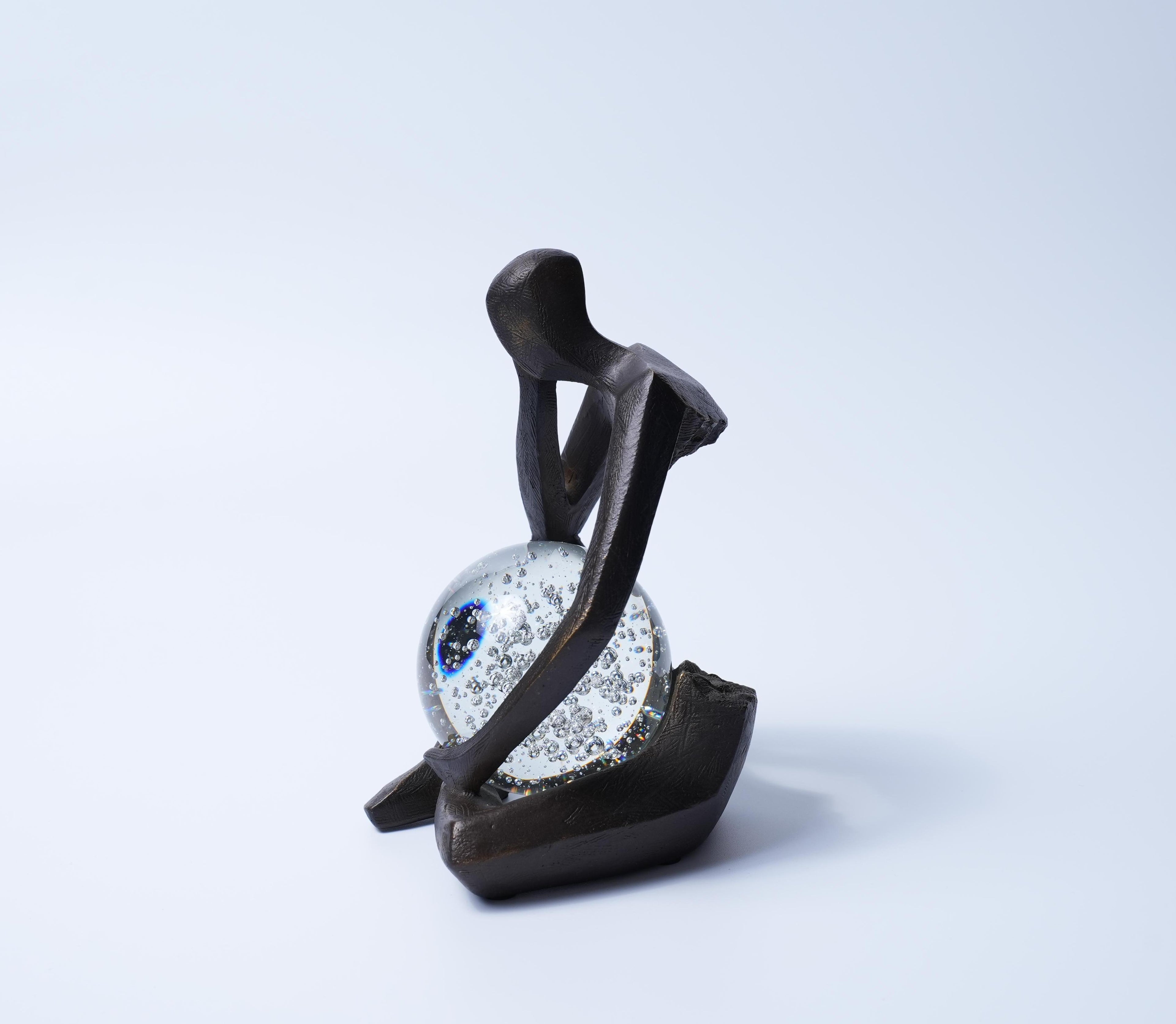 Bronze Thinker Sculpture with Glass Crystal Sphere Decor