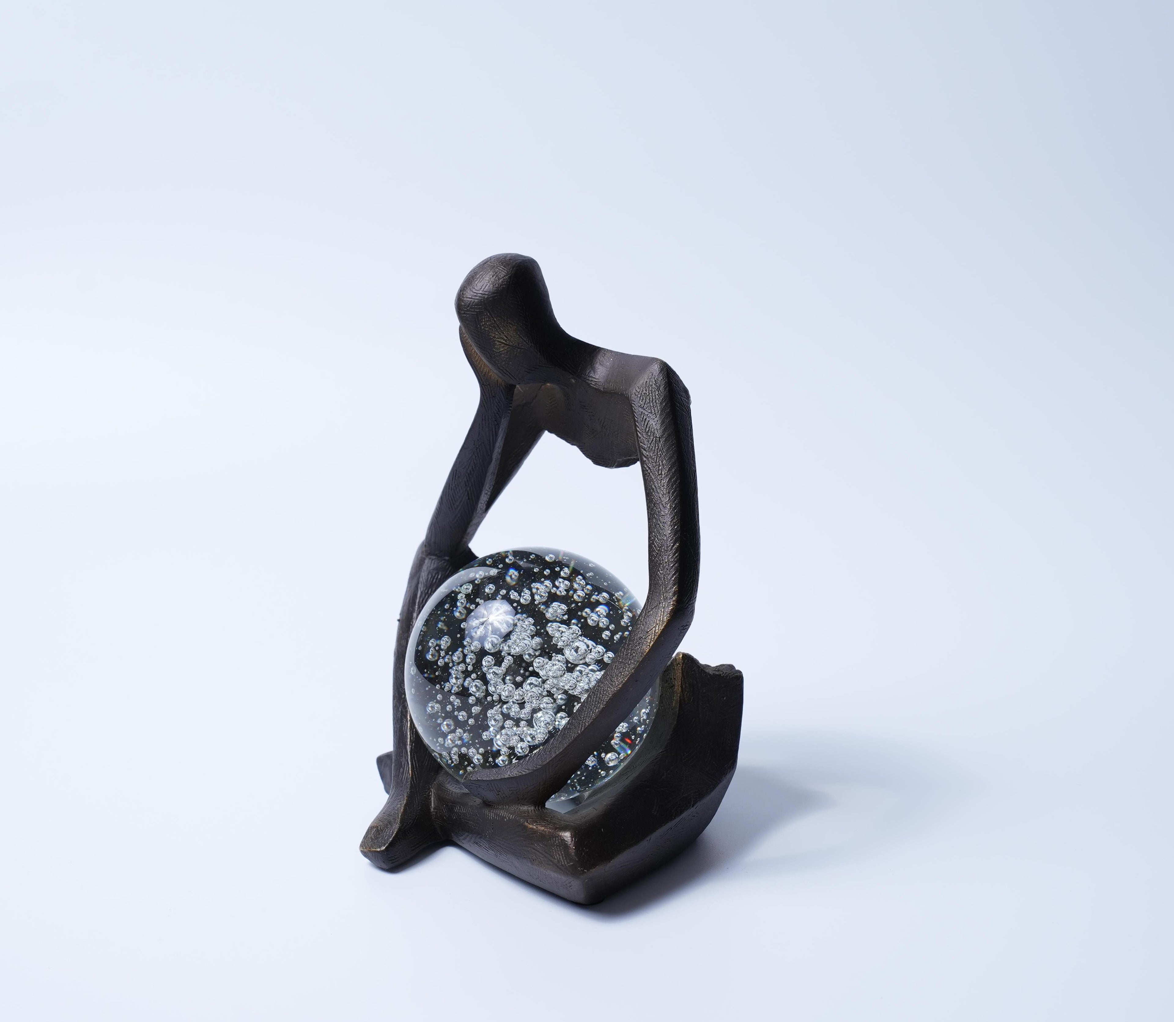 Bronze Thinker Sculpture with Glass Crystal Sphere Decor