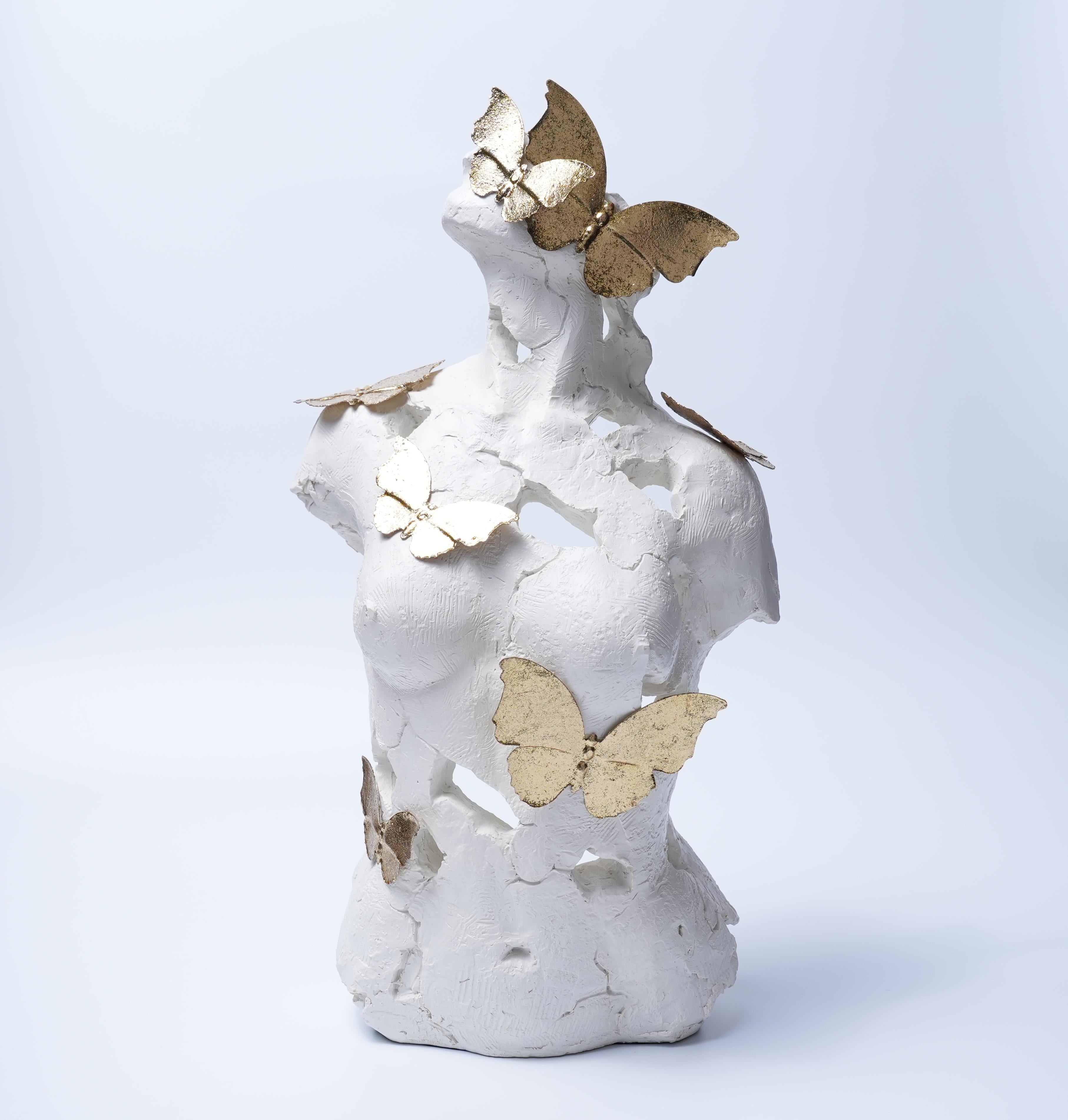 White Torso Sculpture with Golden Butterflies Decor