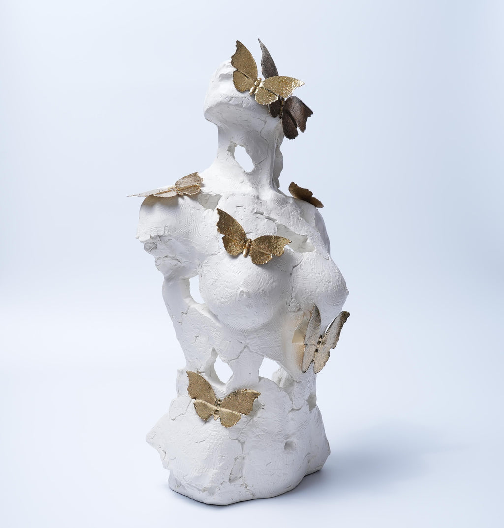 White Torso Sculpture with Golden Butterflies Decor