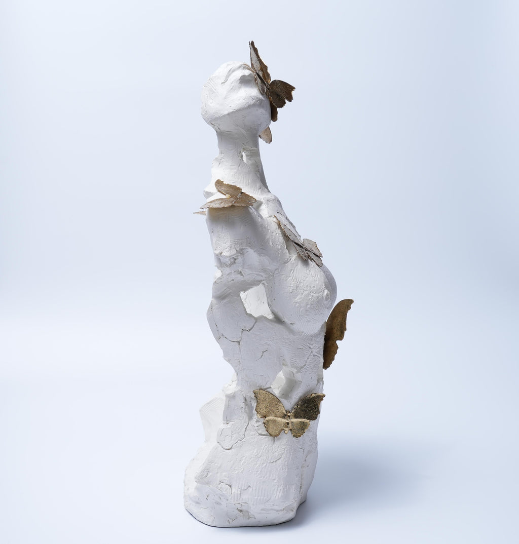 White Torso Sculpture with Golden Butterflies Decor