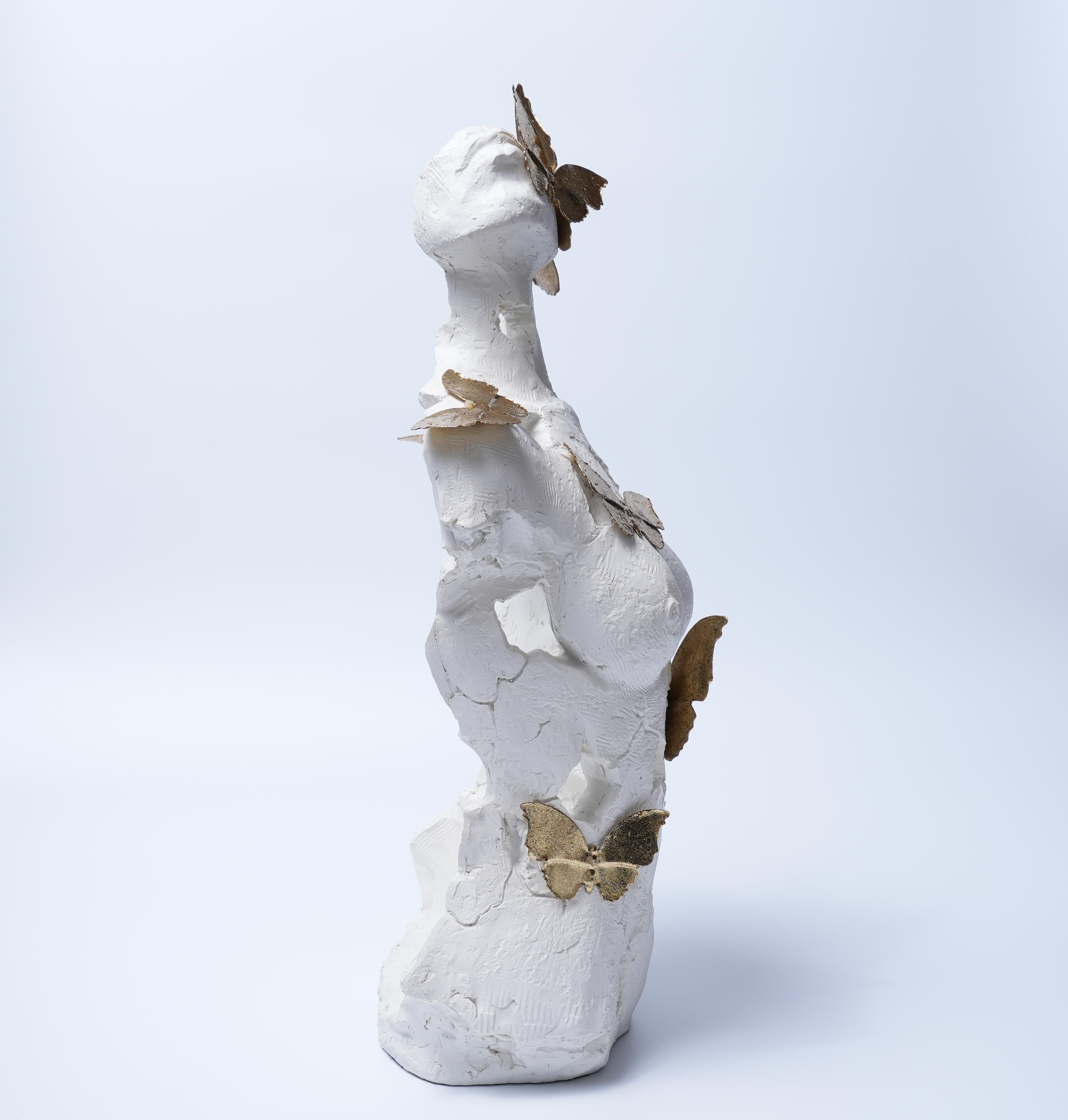 White Torso Sculpture with Golden Butterflies Decor