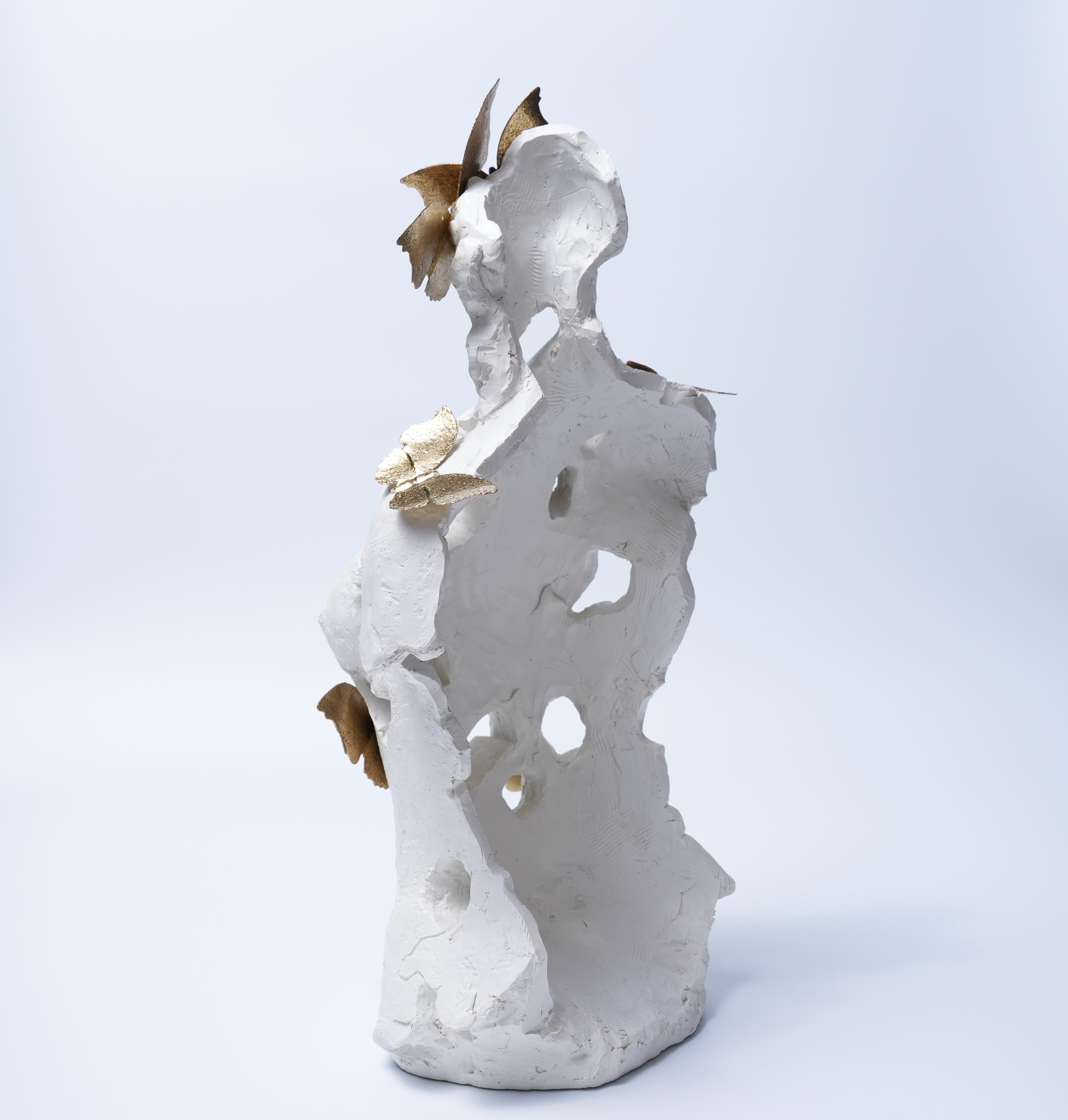 White Torso Sculpture with Golden Butterflies Decor