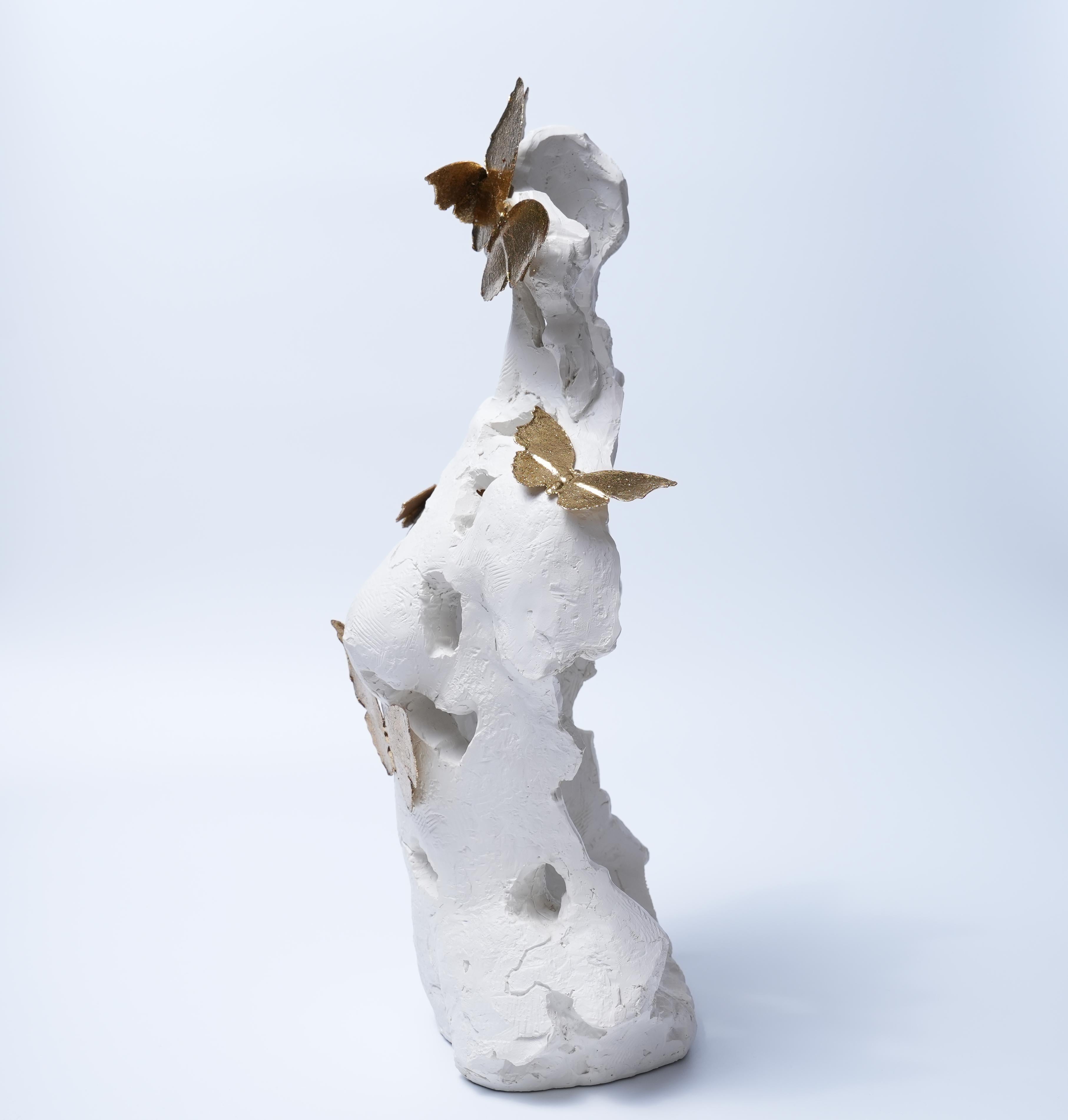 White Torso Sculpture with Golden Butterflies Decor