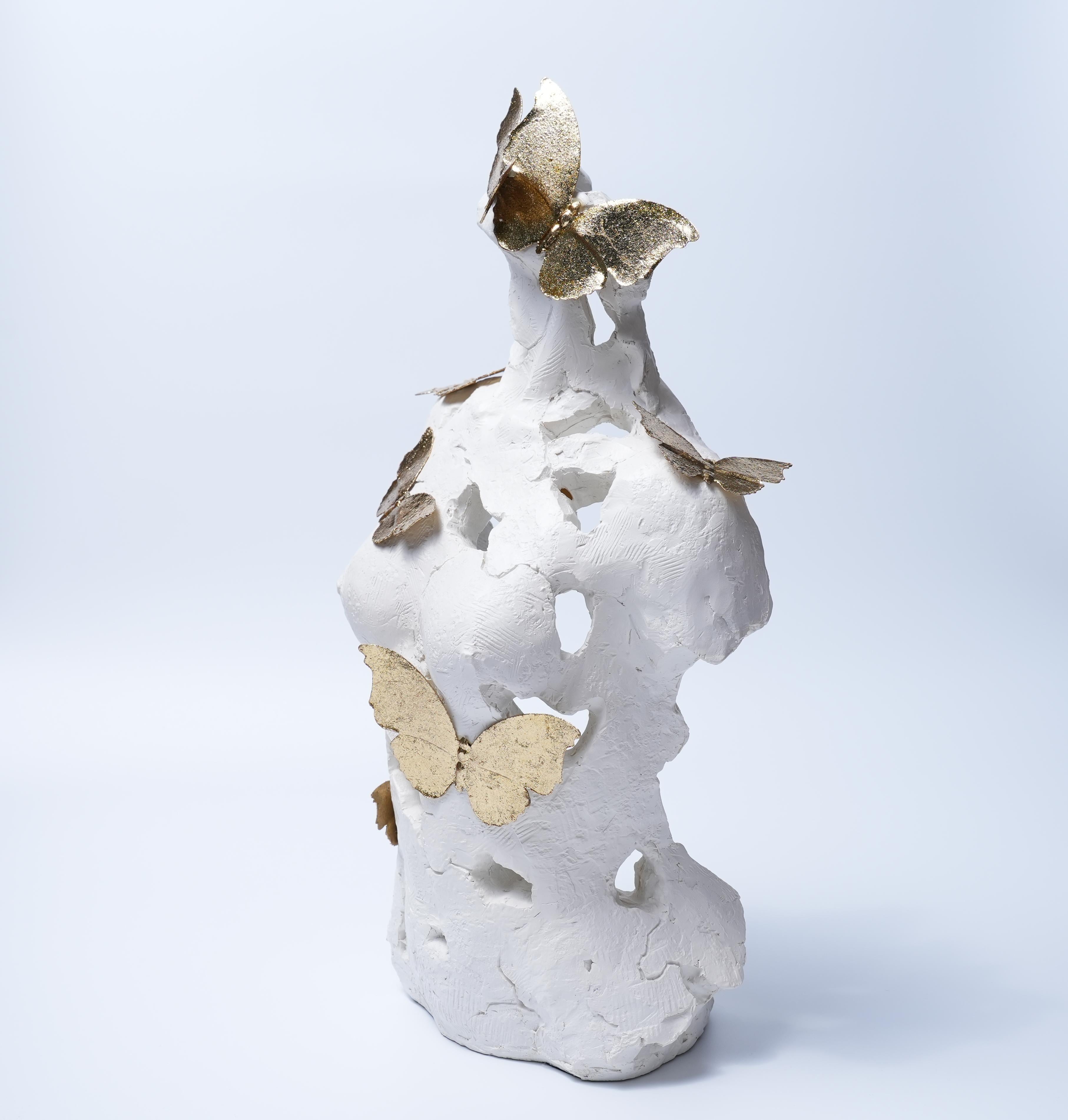 White Torso Sculpture with Golden Butterflies Decor