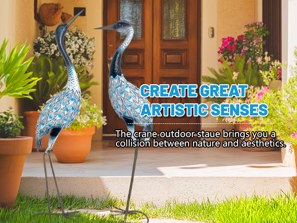 Blue Metal Crane Garden Statues Set of 2 Outdoor Decor 42in