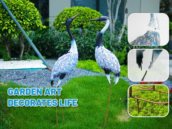 Blue Metal Crane Garden Statues Set of 2 Outdoor Decor 42in