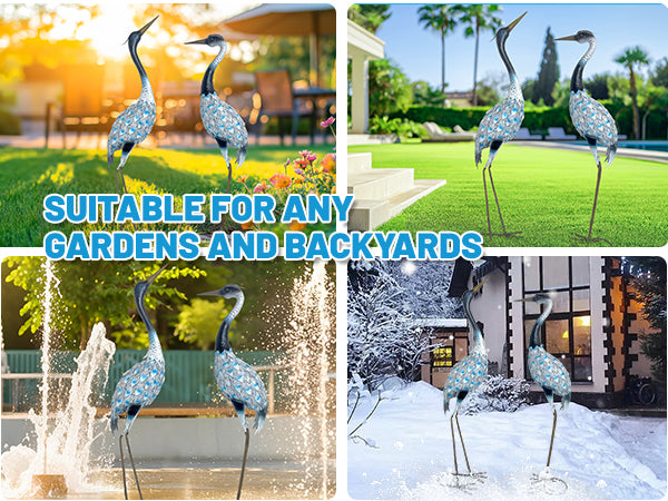 Blue Metal Crane Garden Statues Set of 2 Outdoor Decor 42in