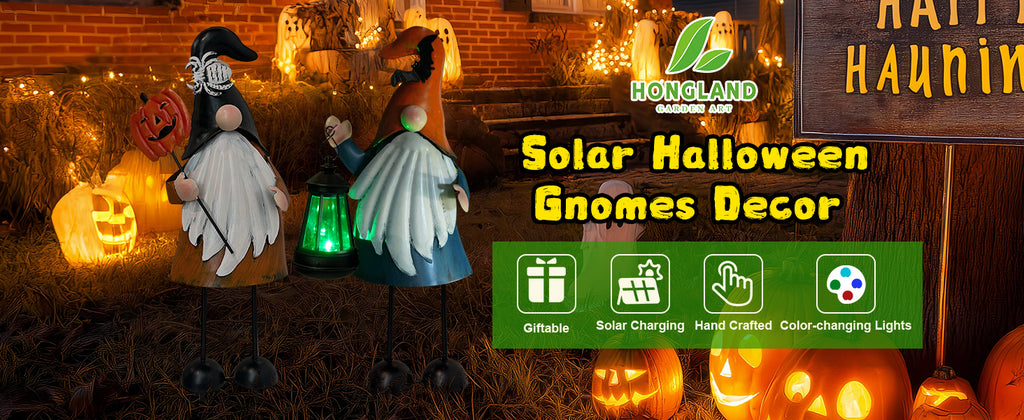Solar Halloween Gnome Yard Decor Metal Lighted Set of 2