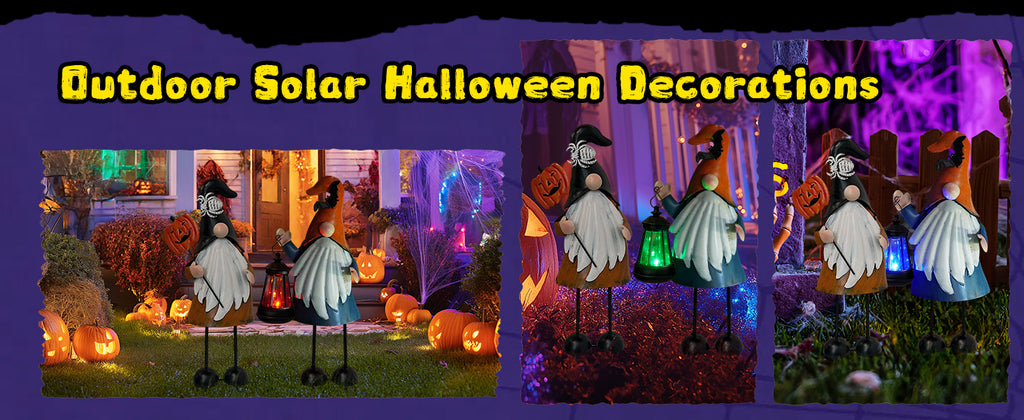 Solar Halloween Gnome Yard Decor Metal Lighted Set of 2