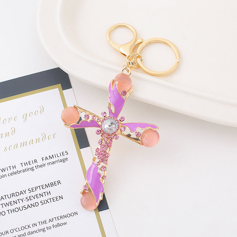 Rhinestone Cross Keychain Metal Bag Charm Car Key Accessory