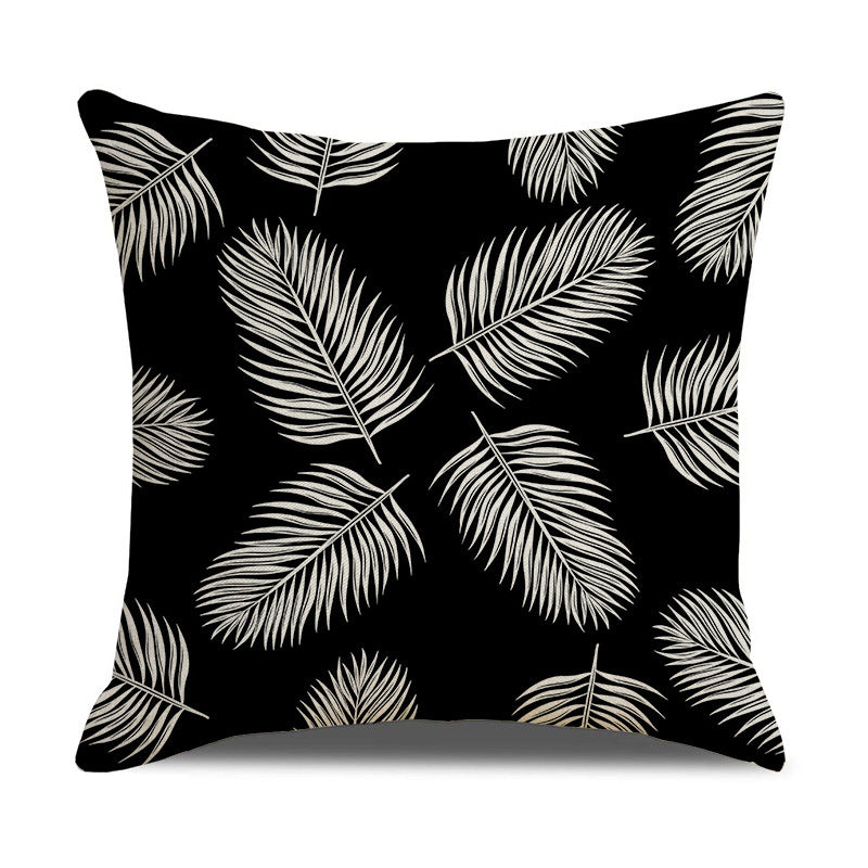 Modern Black White Linen Throw Pillow Cover Botanical Leaf