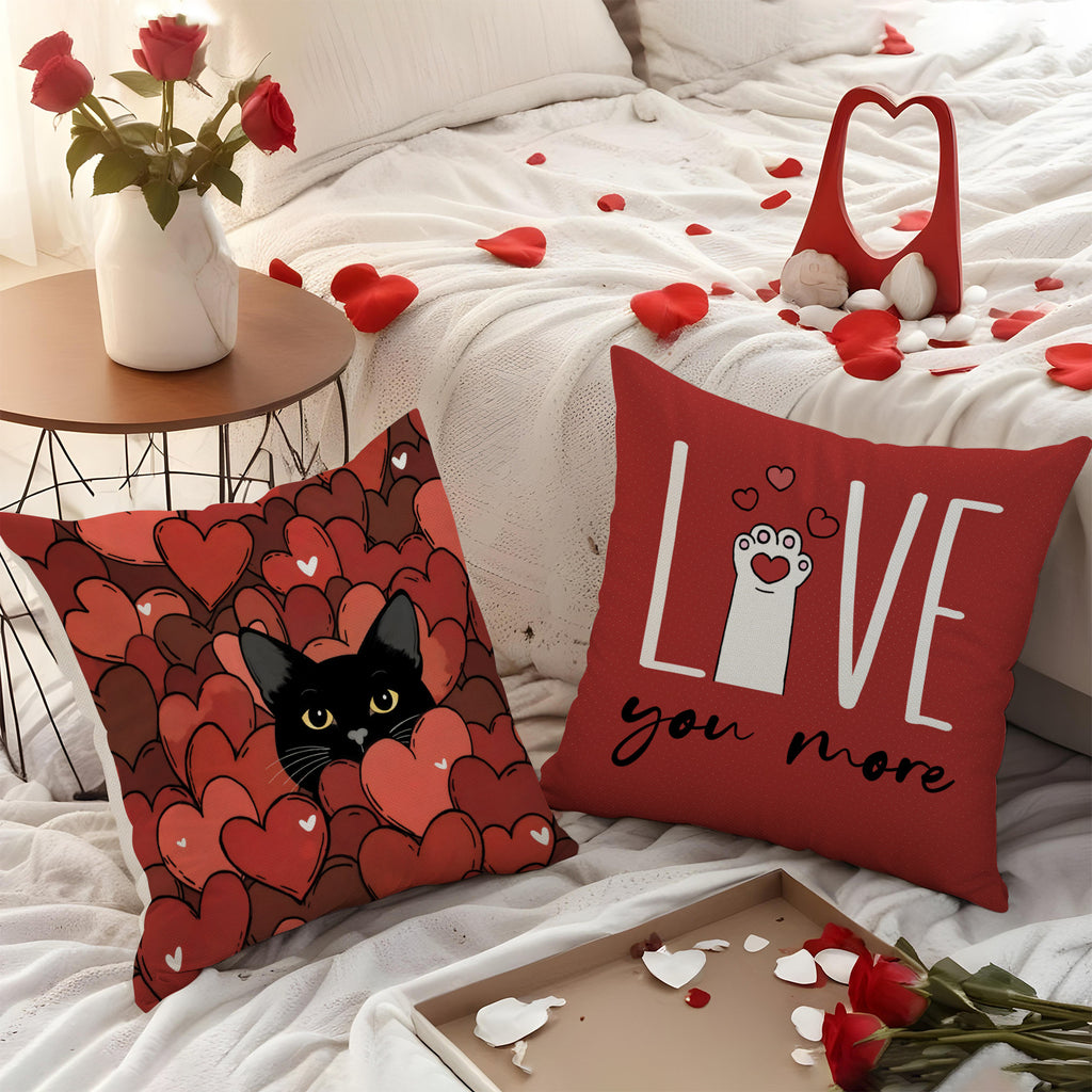 Cute Black Cat Valentine Heart Throw Pillow Cover Set