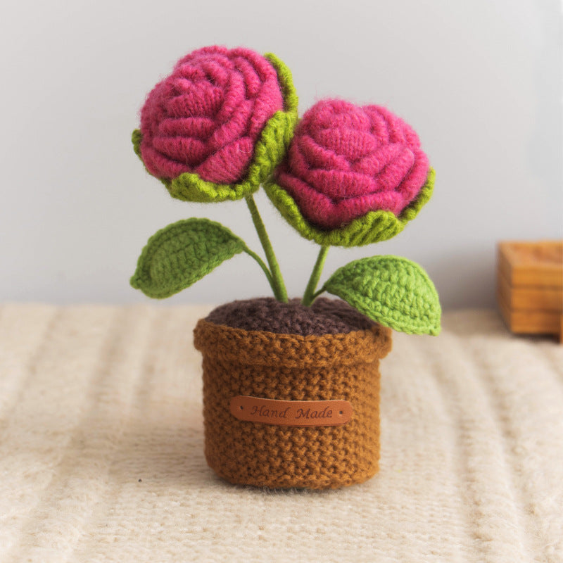 Valentine Handmade Crochet Double Rose Potted Decor