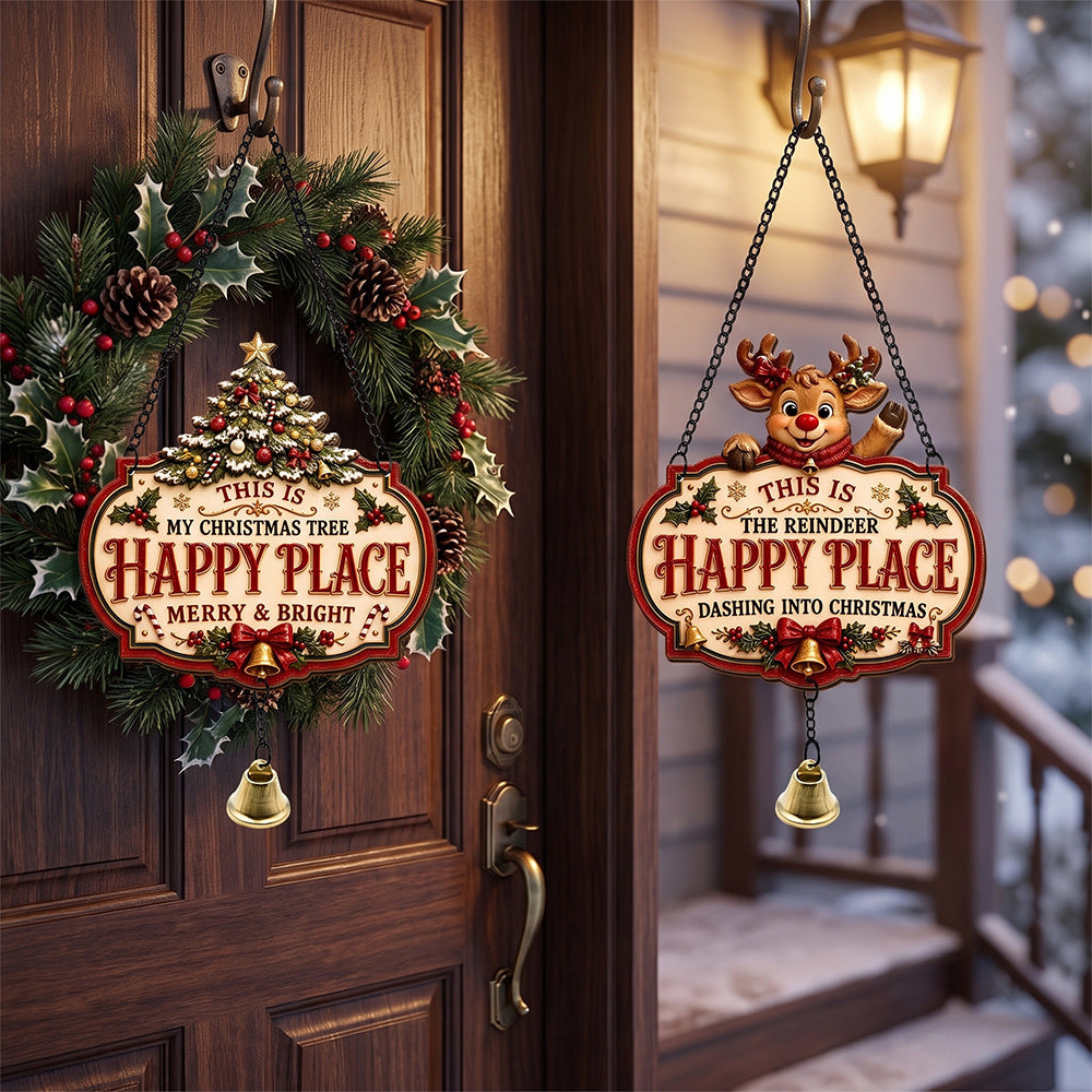 2D Printed Christmas Happy Place Wooden Door Sign Decor