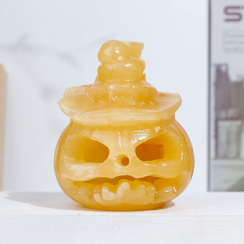 Natural Yellow Calcite Carved Pumpkin Figurine Decor