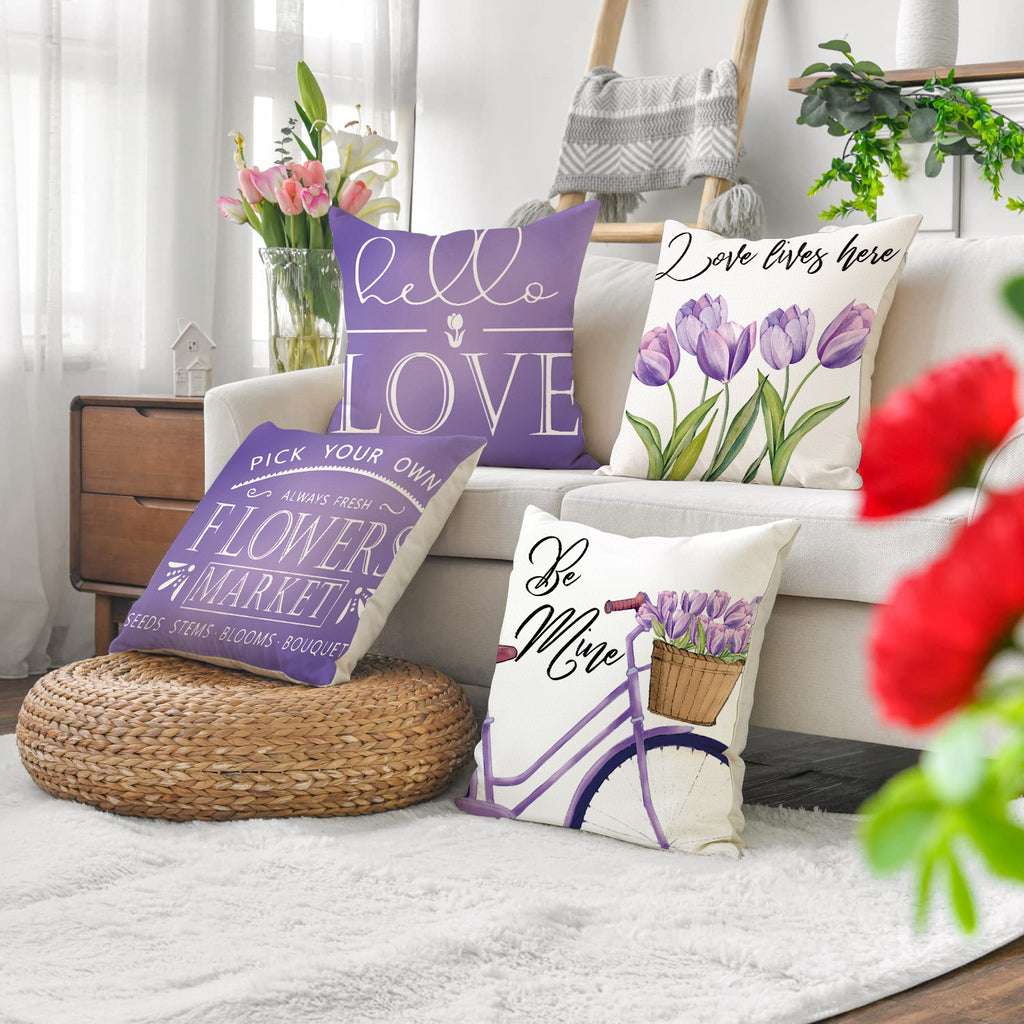 Valentine Tulip Print Linen Pillow Covers Spring Gift Decor