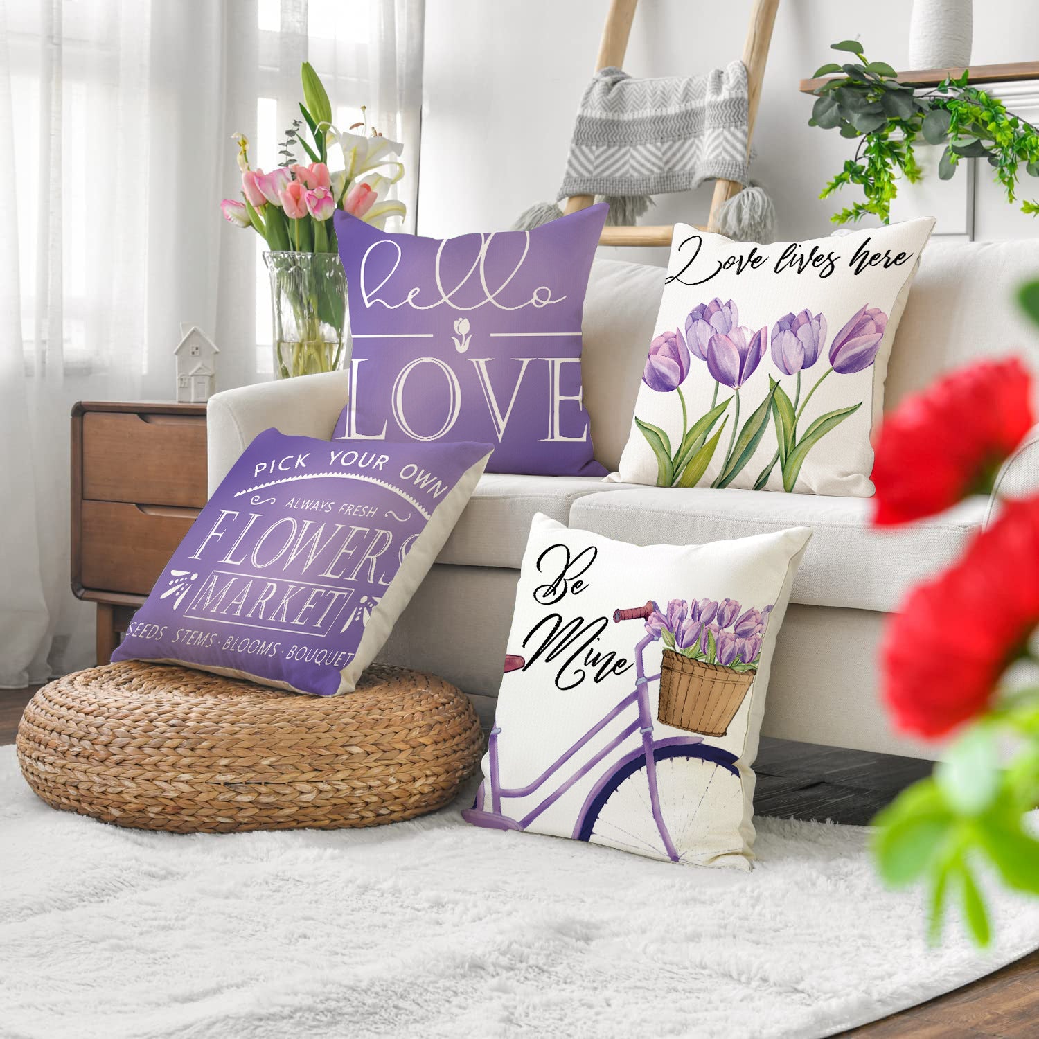 Valentine Tulip Print Linen Pillow Covers Spring Gift Decor