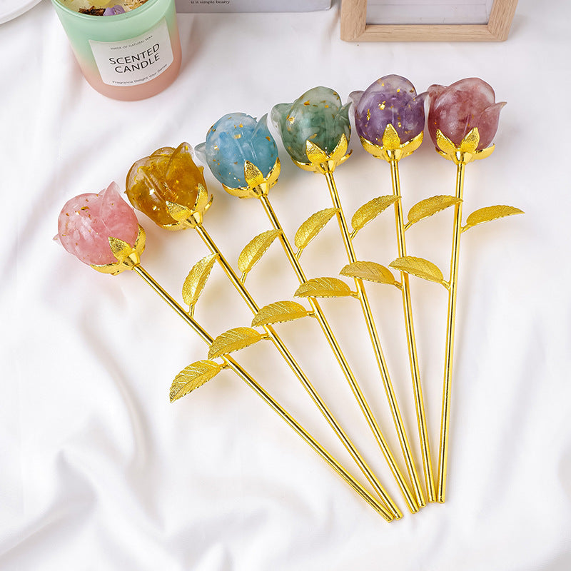 Resin Crystal Stone Flower Stem Decor with Metal Leaves