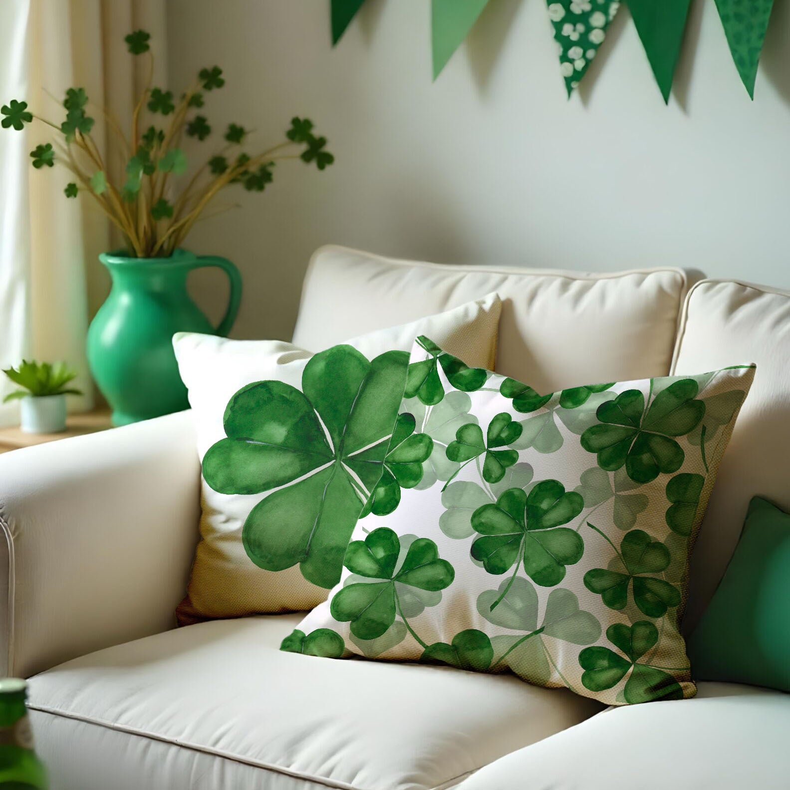 St. Patrick’s Day Clover Linen Throw Pillow Cover 18x18
