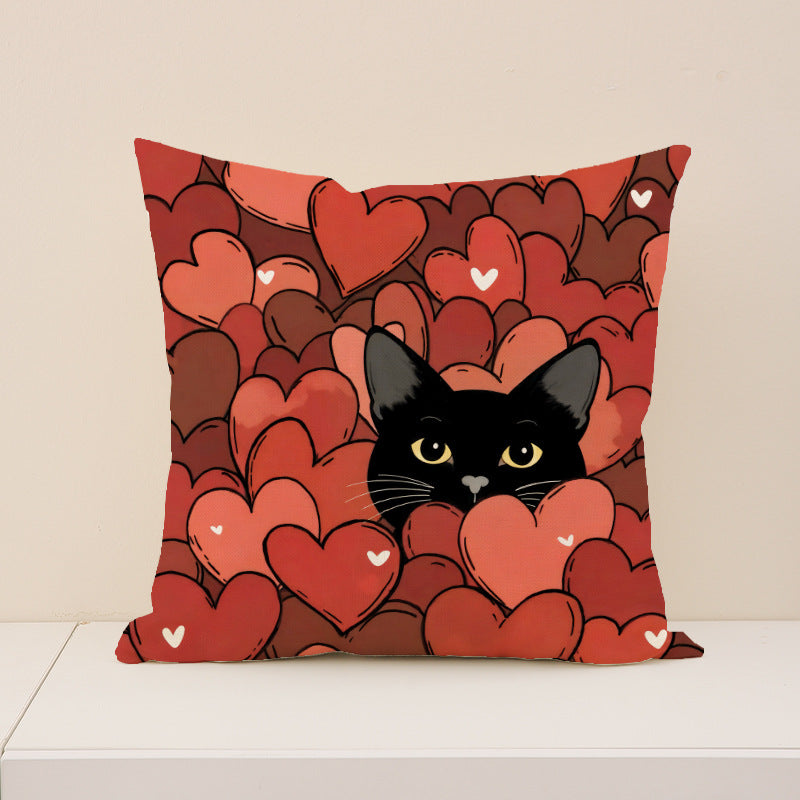 Cute Black Cat Valentine Heart Throw Pillow Cover Set