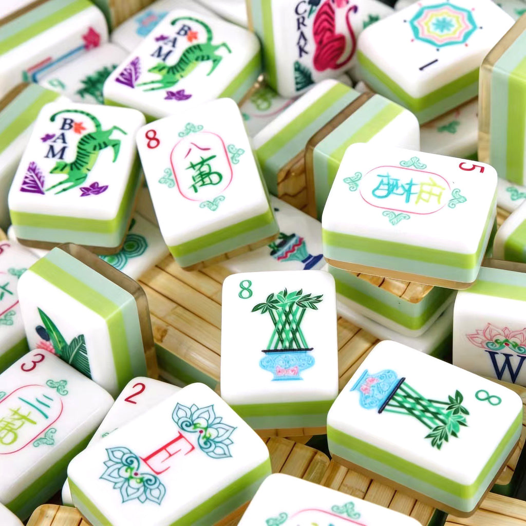 Green Stripe Acrylic Mahjong Set Portable Game Tiles