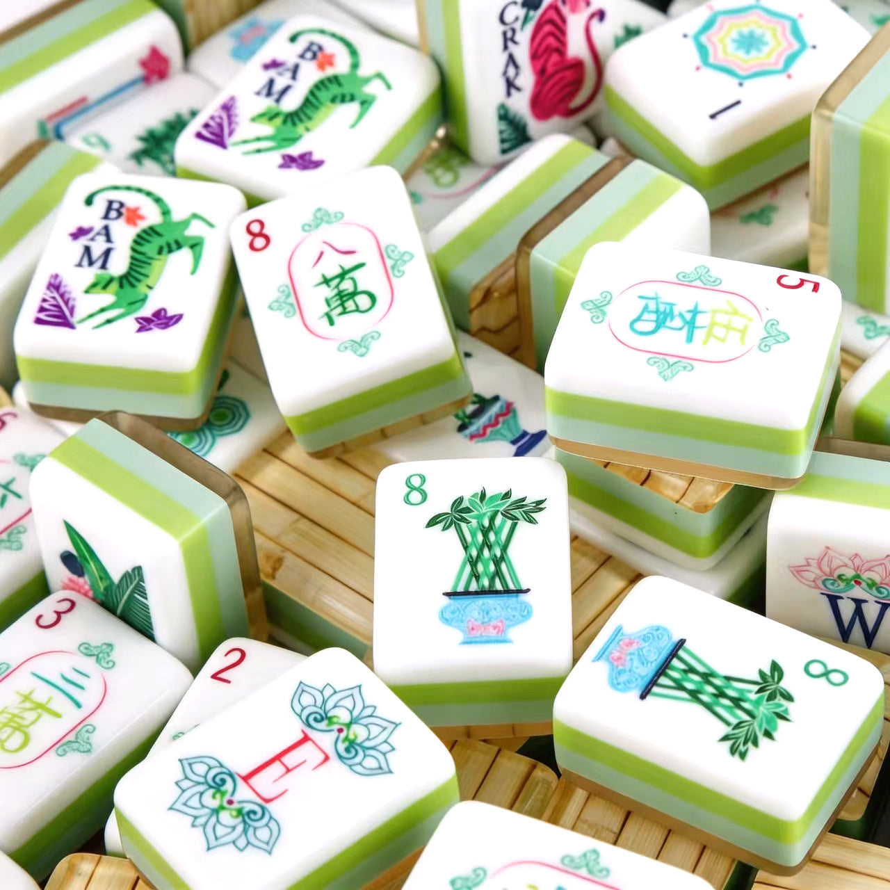 Green Stripe Acrylic Mahjong Set Portable Game Tiles