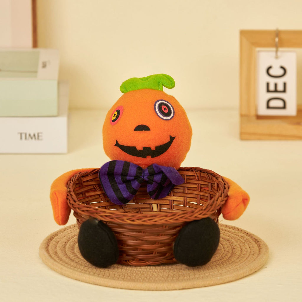 Halloween Wicker Treat Basket with Spooky Plush Decor