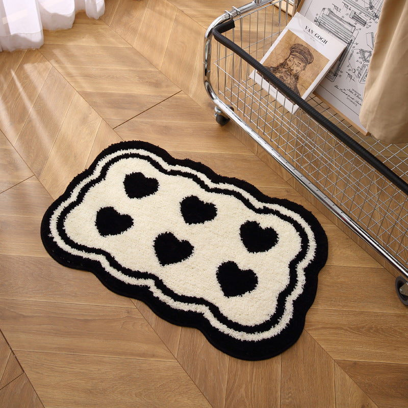 Black and White Heart Pattern Plush Anti-Slip Accent Rug