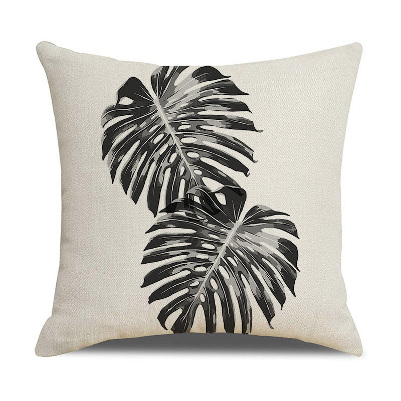 Modern Black White Linen Throw Pillow Cover Botanical Leaf
