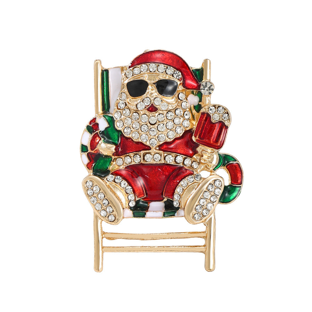 Santa Beach Chair Rhinestone Brooch Christmas Holiday Pin