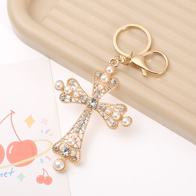 Rhinestone Cross Keychain Gold Alloy Charm