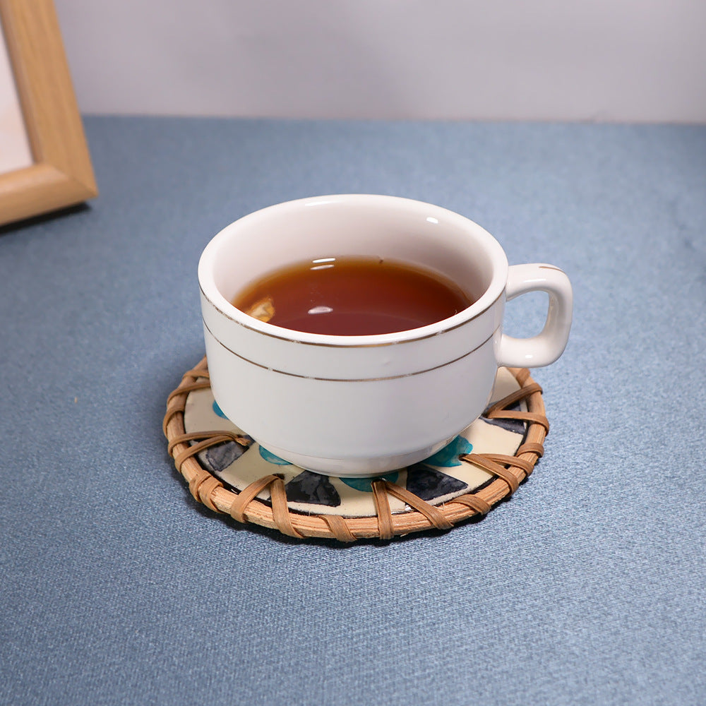 Shell Mosaic Drink Coaster Round Woven Rattan Cup Mat