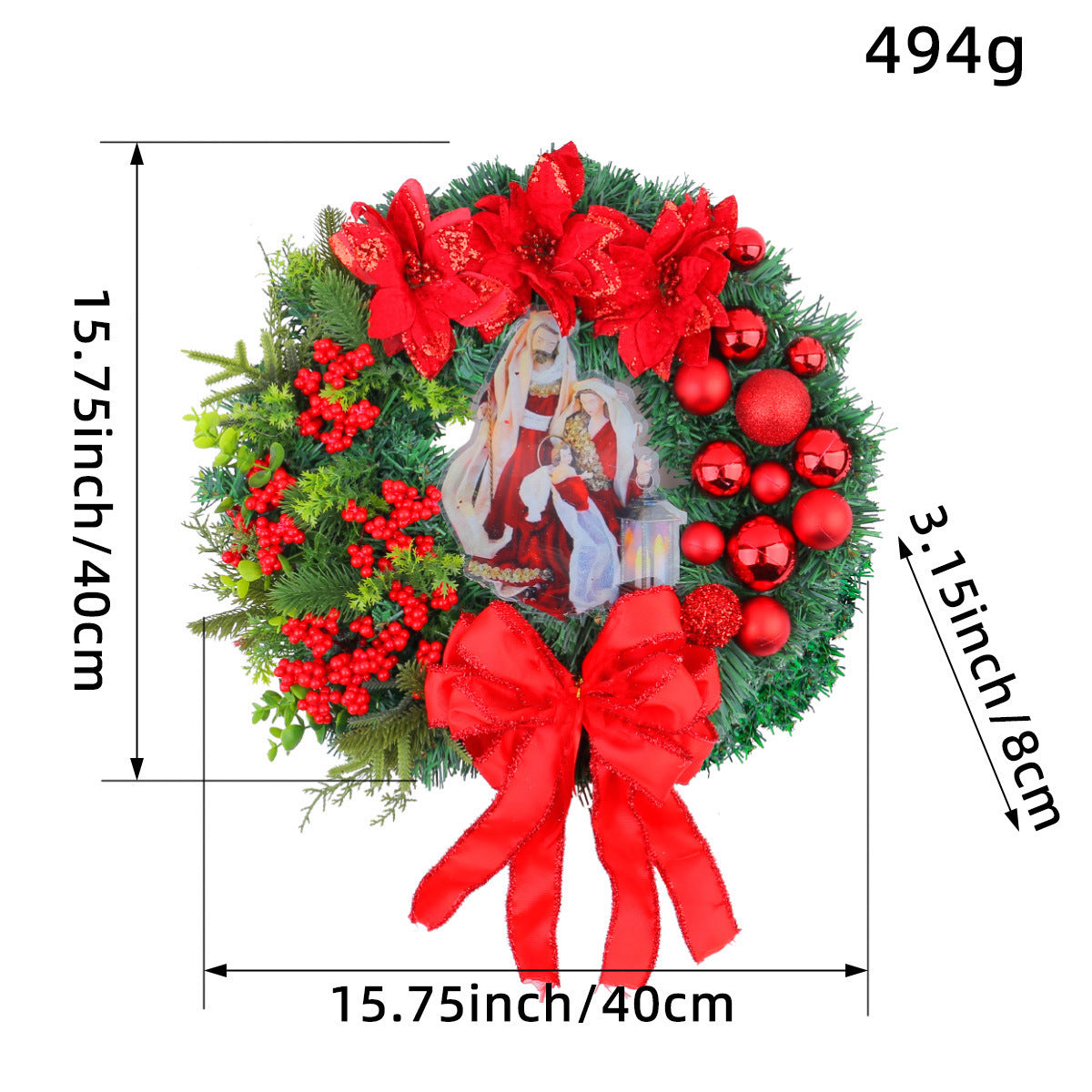 Christmas Wreath with Red Bow and Ornaments Door Decor