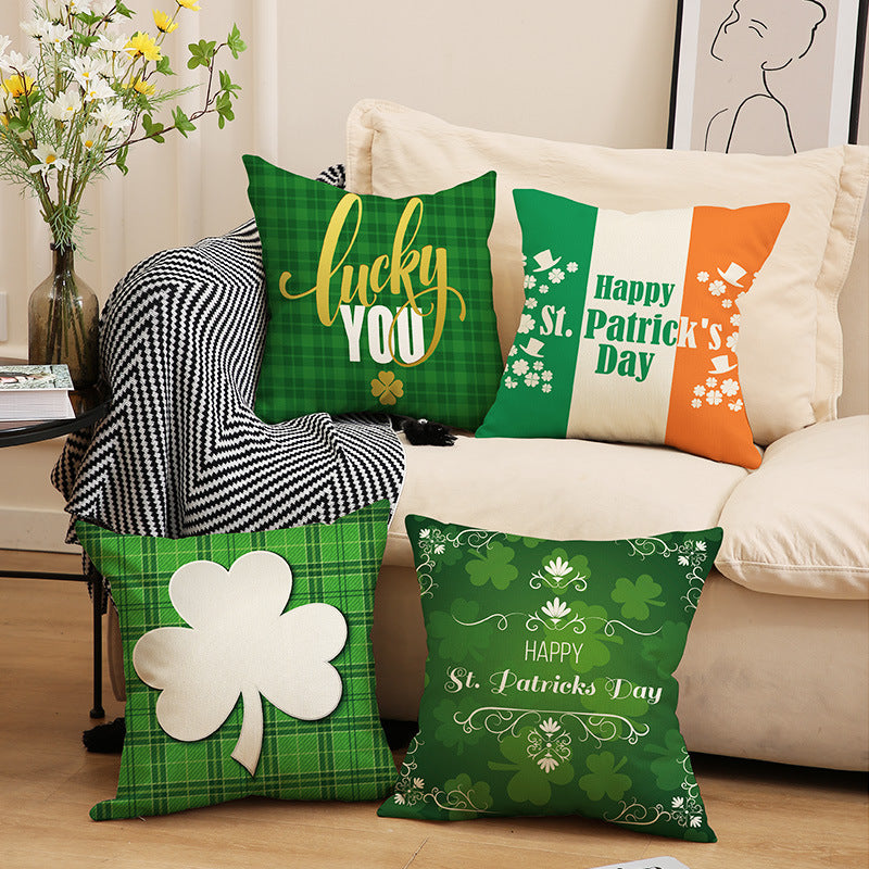St Patrick’s Day Linen Throw Pillow Cover Shamrock Print