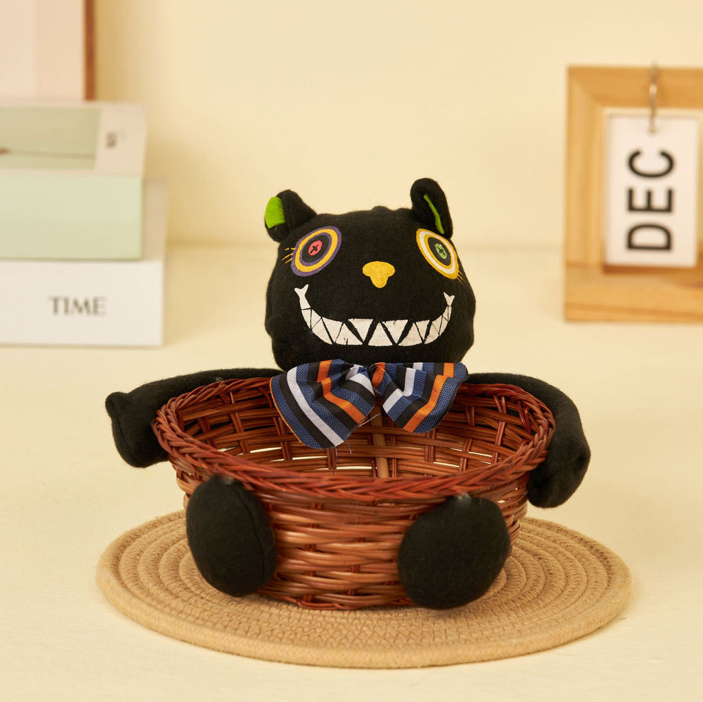 Halloween Wicker Treat Basket with Spooky Plush Decor