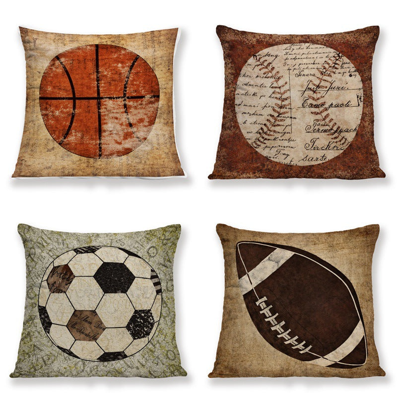 Vintage Sports Print Pillow Cover Football Basketball Soccer