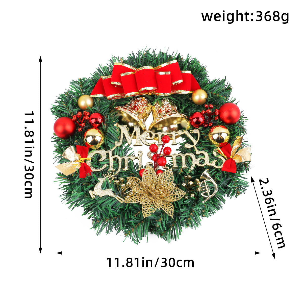 Christmas Wreath with Red Bow and Ornaments Door Decor