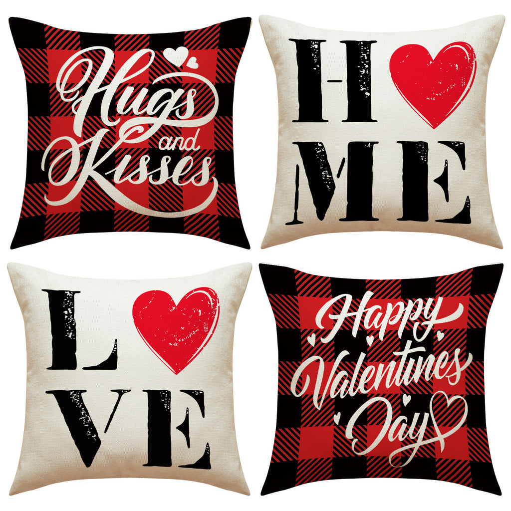 Red Plaid Valentine Pillow Cover with Heart Letter Print