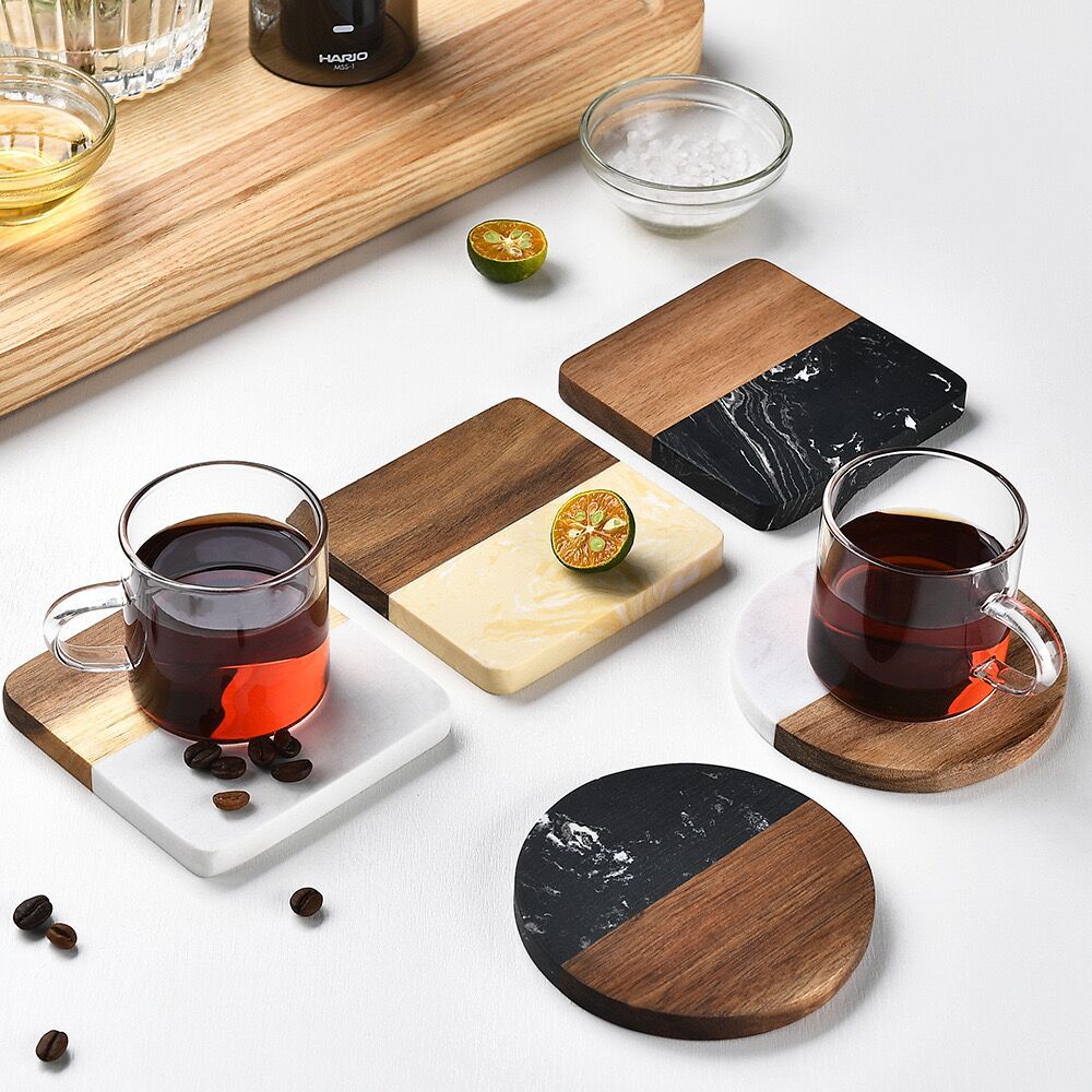 Marble and Wood Drink Coaster Modern Table Cup Mat