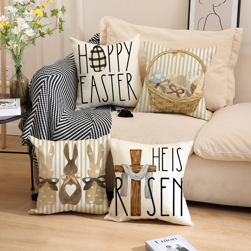 Easter Linen Throw Pillow Cover Bunny Letter Print 18x18