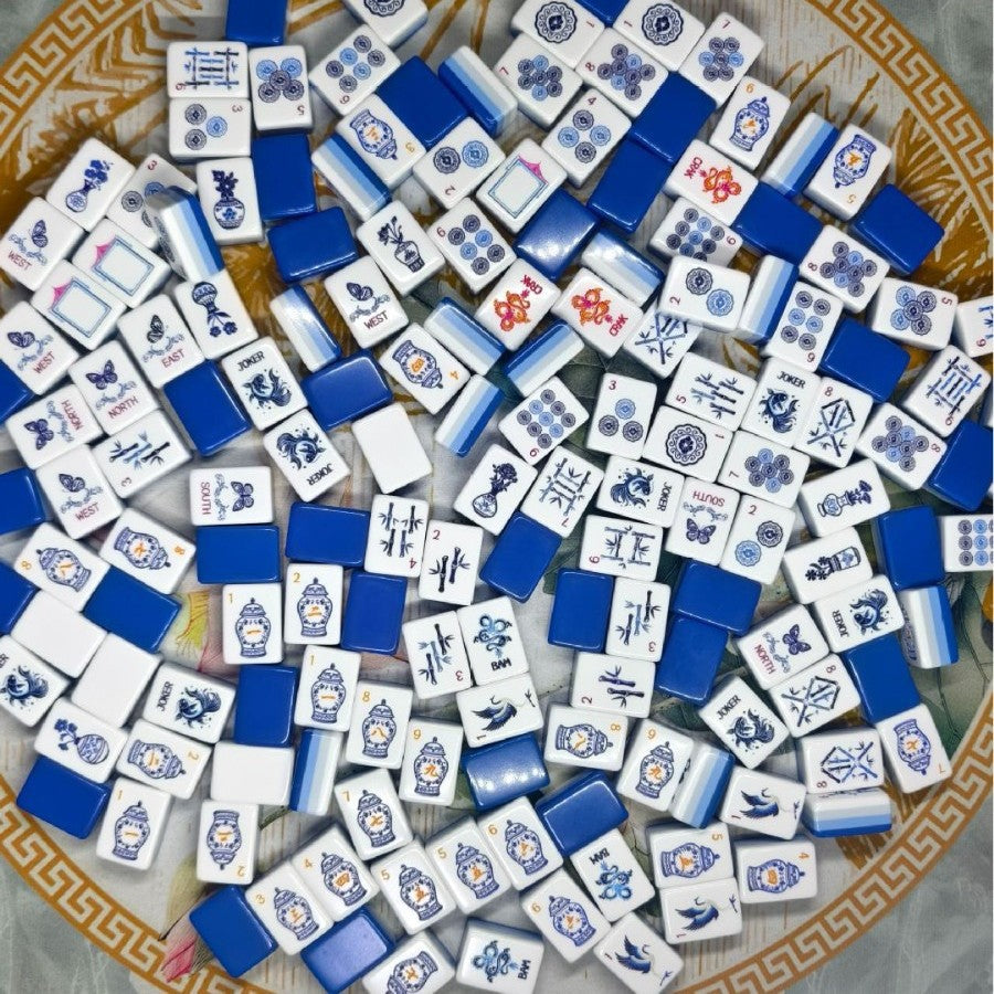 Acrylic Mahjong Set Blue White Classic Game Tiles