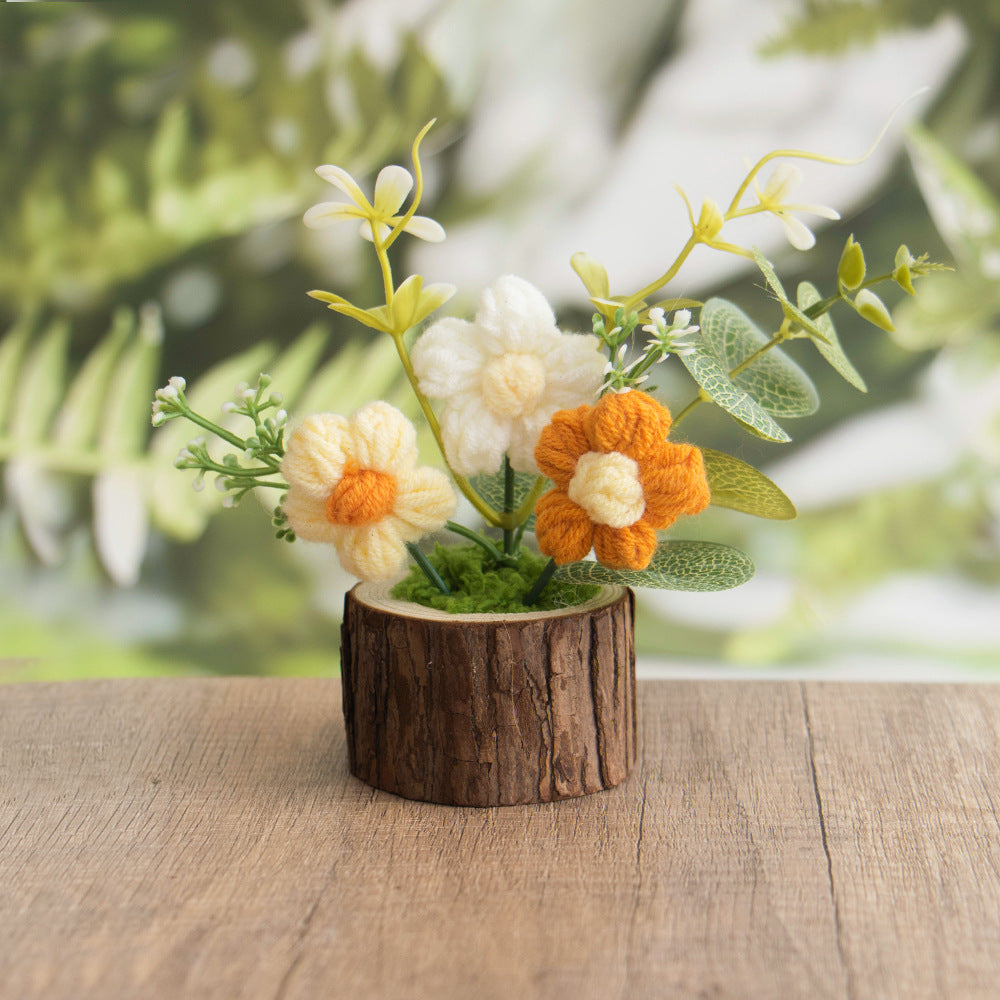 Crochet Puff Flower Pot Wooden Base Gift Decor