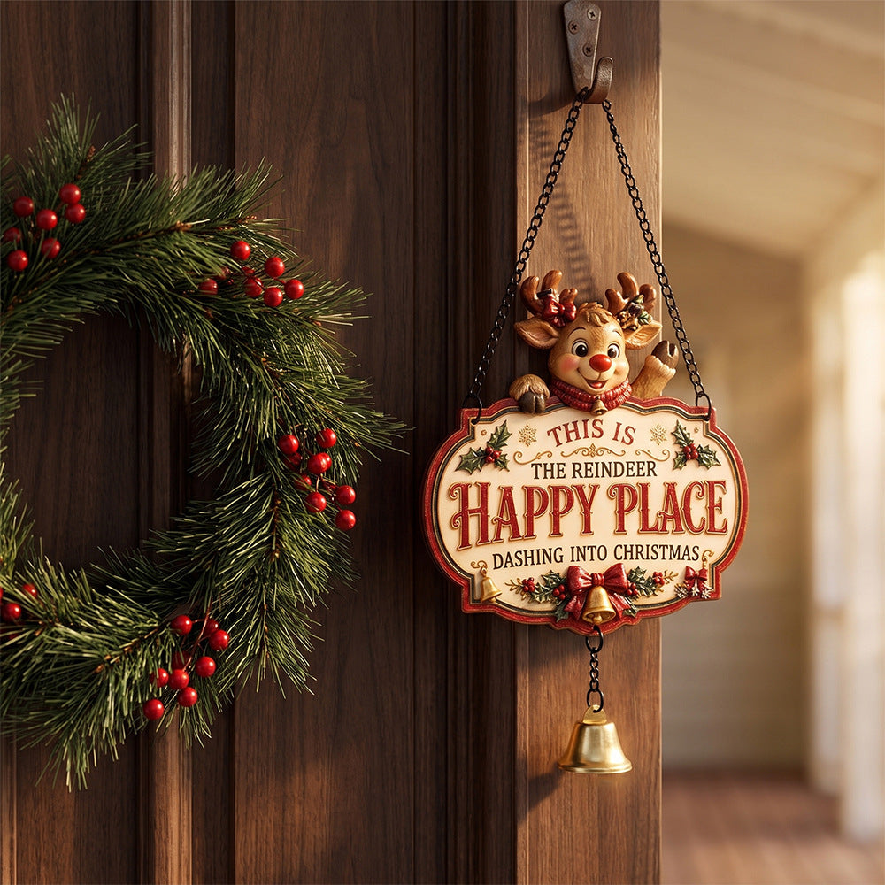 2D Printed Christmas Happy Place Wooden Door Sign Decor
