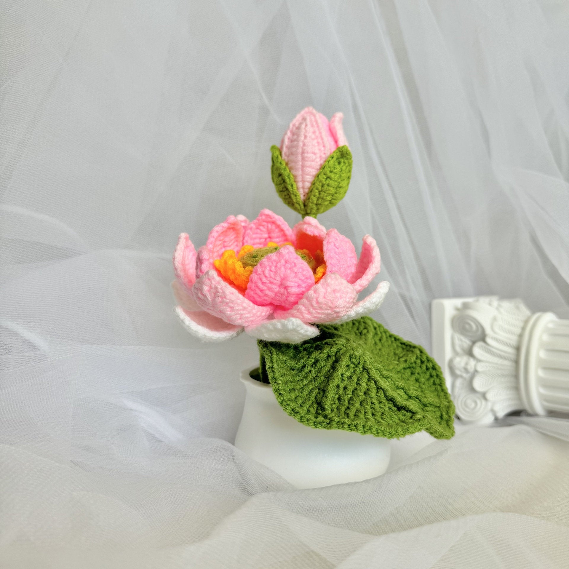 Crochet Lotus Flower Potted Plant Handmade Table Decor
