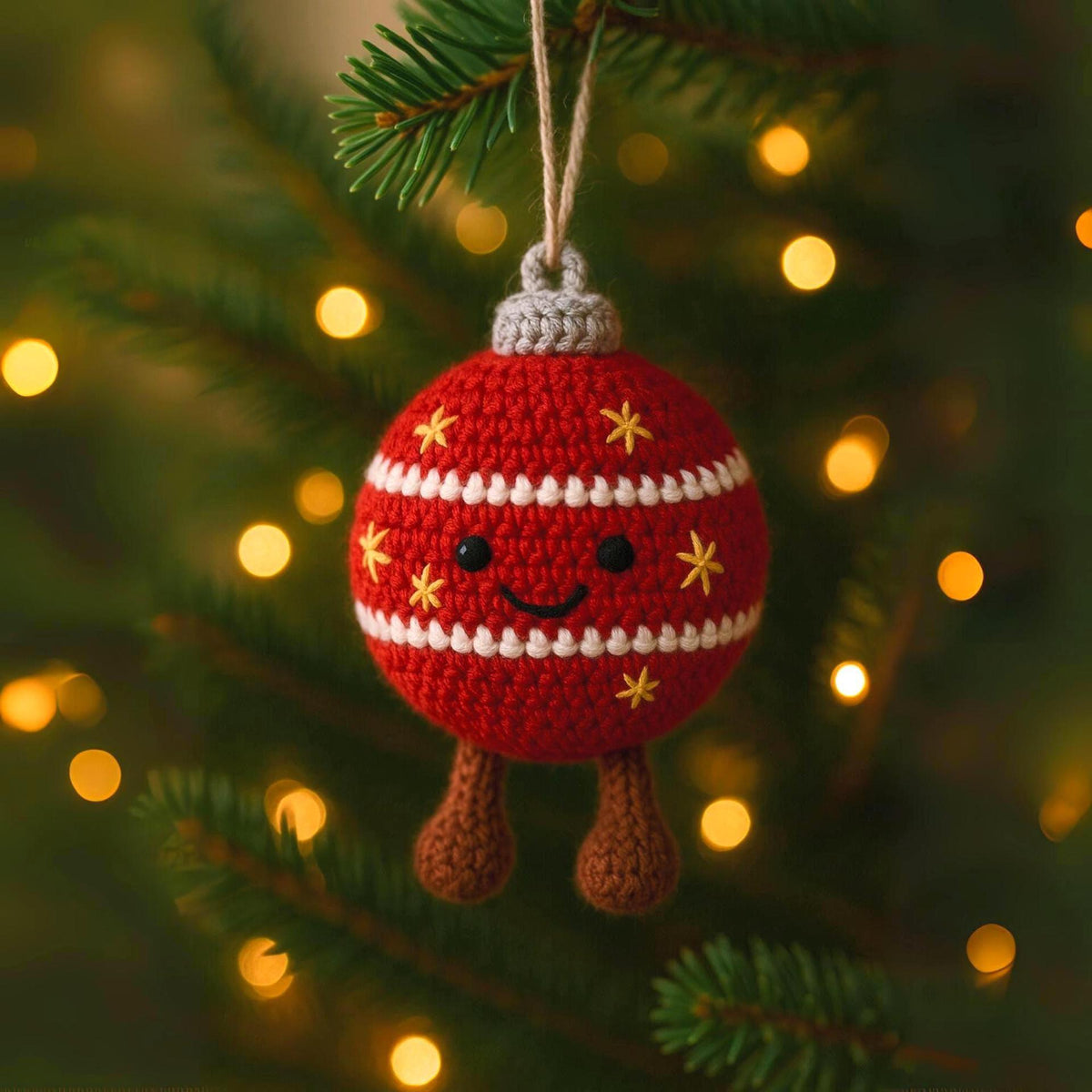 Handmade Crochet Christmas Ornament Smiley Face with Legs