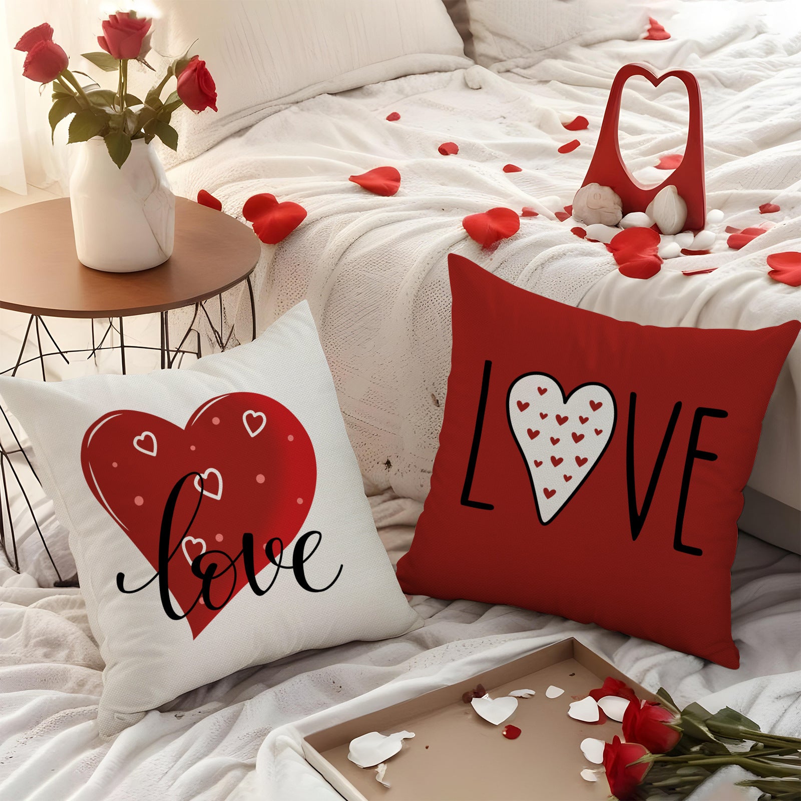 Red Valentine Heart Print Pillow Cover Set for Home Décor